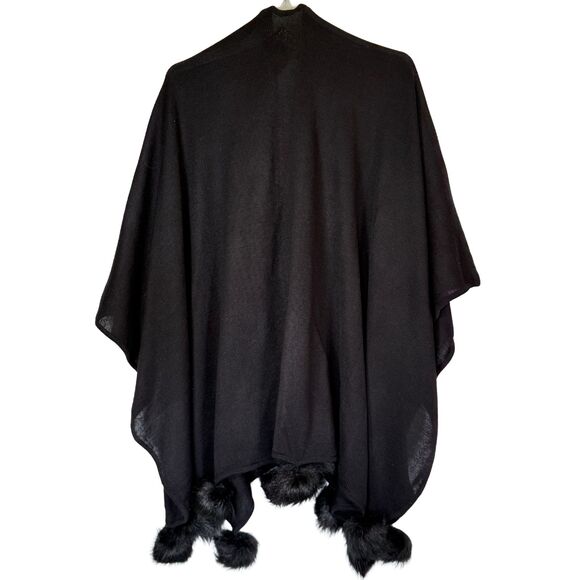 Vintage IVANA Black Shawl Wrap | Faux Fur Pom Trim | Made in Hong Kong | OS - Picture 2 of 4